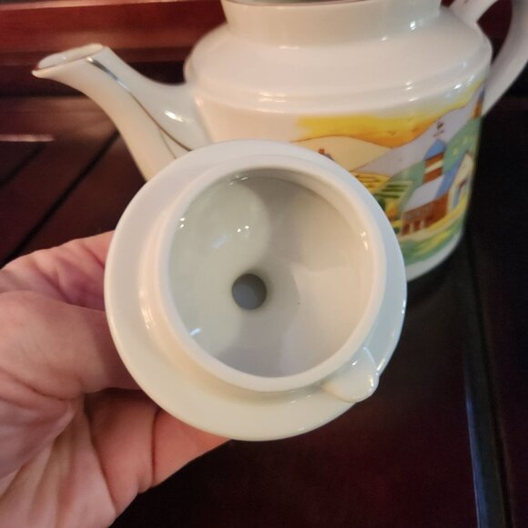 Rare Find Vintage Hand Painted Ceramic Teapot Countryside Theme Farmhouse - Picture 10 of 13